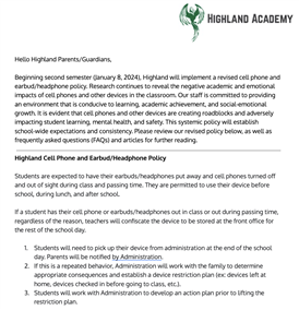 Highland Cell Phone & Earbud/Headphone Policy 